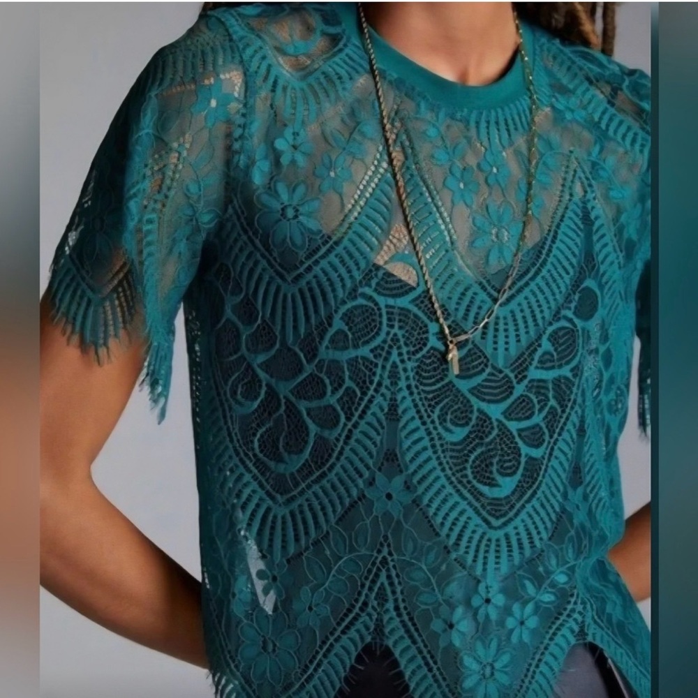 bishop + young deep Teal sheer Genius Lace Blouse short sleeve Top